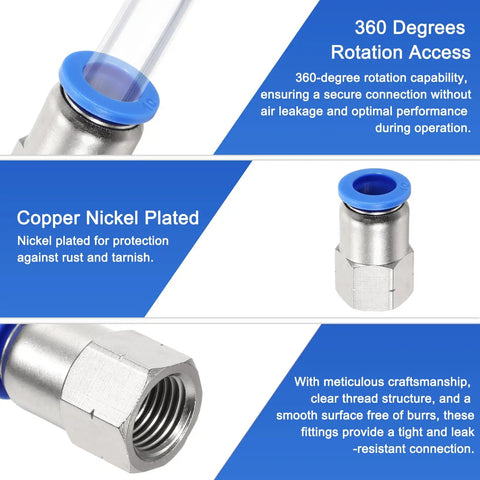 Two Pack 1/4 NPT Female Straight Push To Connect Fittings For 3/8 Inch Tube OD Air Pneumatic Quick Connect Silver Tone PcF 010-02 Industrial Grade shown with 360-degree rotation and nickel-plated finish.