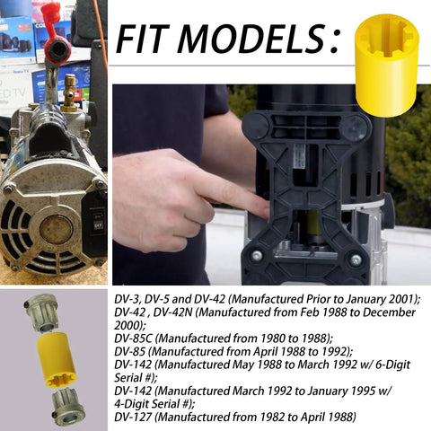 PR-77 vacuum pump coupler sleeve installed on PR-6 vacuum pump; yellow plastic sleeve shown in exploded view.