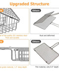 Comparison of deep stainless steel grill basket with 3 section dividers and detachable handle versus thinner grill basket.