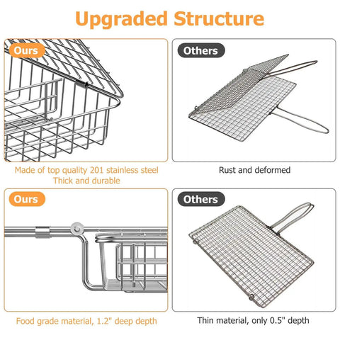 Comparison of deep stainless steel grill basket with 3 section dividers and detachable handle versus thinner grill basket.
