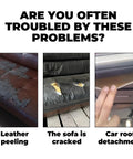 Leather peeling on sofa, cracked sofa seat, and car roof detachment issues shown to highlight Headliner Repair Adhesive For Upholstery And Roof Liner Quick Fix Glue With Strong Bond For Fabric And Leather In Car Interiors 100ml DIY Friendly Auto Interior Adhesive For Fast No Fuss Repair