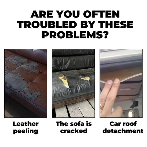 Leather peeling on sofa, cracked sofa seat, and car roof detachment issues shown to highlight Headliner Repair Adhesive For Upholstery And Roof Liner Quick Fix Glue With Strong Bond For Fabric And Leather In Car Interiors 100ml DIY Friendly Auto Interior Adhesive For Fast No Fuss Repair