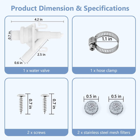 RV Toilet Valve Replacement Kit For Dometic 300 310 320 Flush Toilets With Water Valve Hose Clamp Screws And Stainless Mesh Filters Easy Cost Effective Repair For Campers And Trailers. dimension chart with valve, clamp, screws and filters