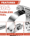 304 stainless steel worm gear hose clamp with screw hole, buckle design, and smooth edge features for various applications.