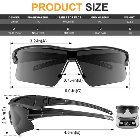 12 Pack Tinted Safety Glasses Protective Eyewear With ANSI Z87.1 Certified UV400 Eye Protection Anti Splash Scratch Resistant Dark Grey Unisex Goggles Ultra Lightweight With Integrated Nose Pad And All Day Comfort dimensions displayed.