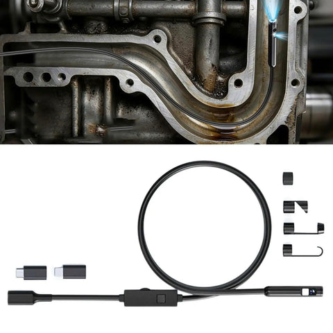 7.9mm Industrial Borescope With LED Lights inspecting engine area, showing probe and attachments on white background.