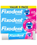Complete Original Denture Adhesive Cream For All Day Hold And Comfort, 2.4 Oz, 3 Pack packaging with cream tube displayed