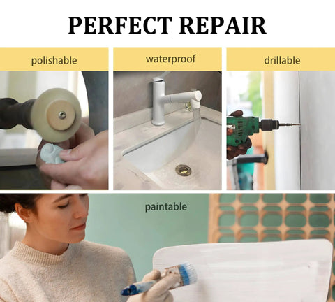10 Ounce Epoxy Putty Fast Repair Kit For Pools And Surfaces Fix It Fast Multi Purpose Epoxy Sculpt Putty shown being polished, waterproof, drillable, and paintable