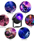 Black Light UV Disco Ball LED Party Light 6W Sound Activated With Remote Control shown with various party settings like disco and bar.