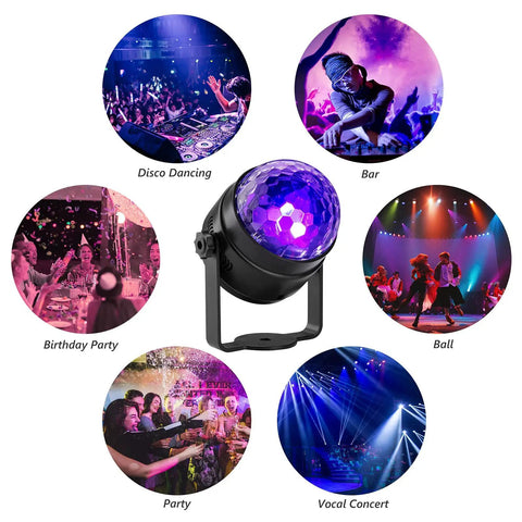 Black Light UV Disco Ball LED Party Light 6W Sound Activated With Remote Control shown with various party settings like disco and bar.