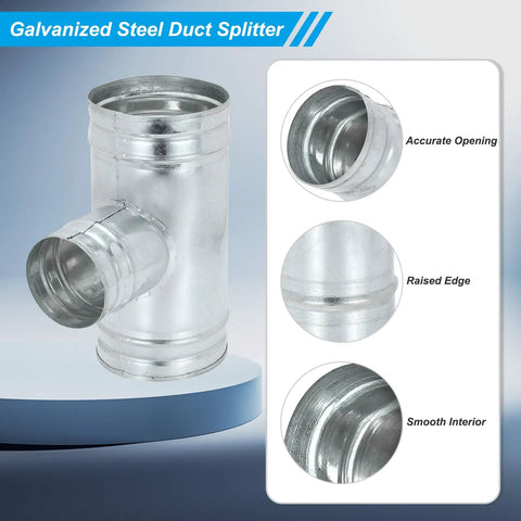 Three Way Duct Splitter Connector For HVAC And Dryer Systems, 6 Inch To 5 Inch Galvanized Steel T Shape Vent Duct Hose Adapter