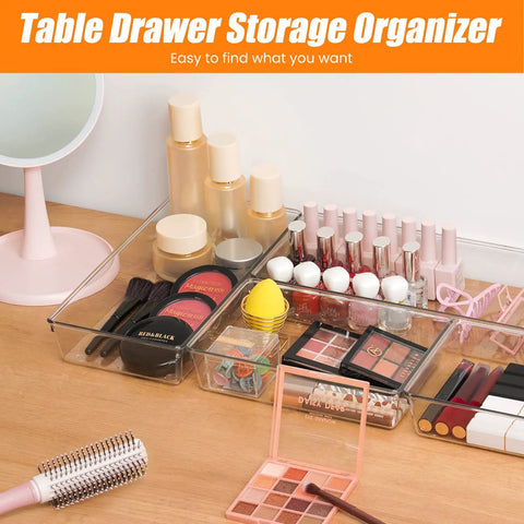 6 Pack Large Clear Drawer Organizer Set Made Of Acrylic, 3 Size Options, holding cosmetics on a vanity table