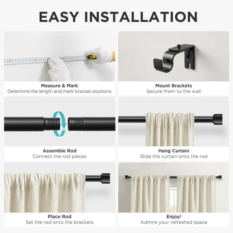 Easy installation guide for Heavy Duty Adjustable Curtain Rods For Windows 32 To 120 Inches Black 1 Inch Diameter Built To Last Sturdy Rods