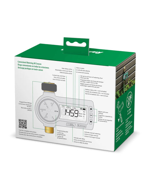 Packaging for Premium Digital Hose End Timer Controller For One Zone Sprinklers, Battery Operated, Brass Inlet And Outlet, 7 Day Scheduling