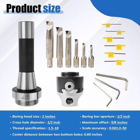 R8 Boring Head With Two Inch Shank Boring Tool Set And Six Piece One Half Inch Carbide Boring Bar Set With Inserts Included