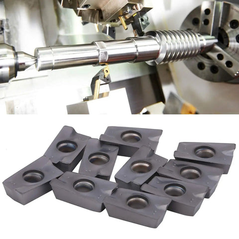Beefy Carbide Turning Inserts For CNC Lathes, 10 Pack Model APMT1605PEER XM LF6018 displayed below CNC machining setup.