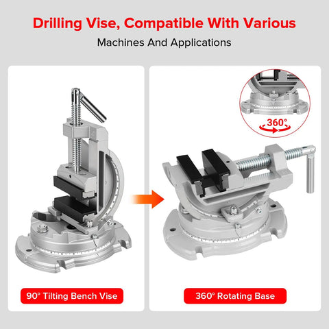Heavy Duty Bench Vise With Multi Angle Clamp And 0 To 90 Degree Tilt 360 Degree Swivel Base Three Inch Jaw Cast Iron And Powder Metallurgy Jaws For Woodworking Drilling And Milling DIY Projects, 90° tilting and 360° rotating base