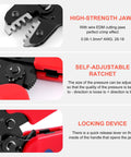 Ratcheting Wire Crimp Tool For JST Dupont And Molex Terminals With Precision Dies showing high-strength jaws, ratchet, and lock