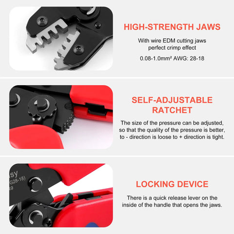 Ratcheting Wire Crimp Tool For JST Dupont And Molex Terminals With Precision Dies showing high-strength jaws, ratchet, and lock