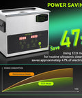 Workhorse Commercial Ultrasonic Cleaner With Heating And Degas Mode Delivers Quiet Efficiency showing ECO mode and power saving features.