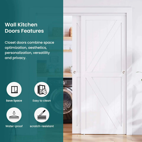 Closet Sliding Barn Doors Set, 72 Inches By 80 Inches, Double K Shape Panels, installed in a kitchen, white finish, MDF with PVC surface.