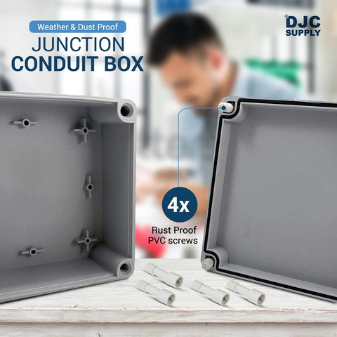 DJC Supply Co. weatherproof PS plastic junction conduit box enclosure, 6x6x3 in, 1 pack with 4 rust-proof PVC screws