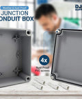 Open view of 8x8x4 Inch IP65 Weatherproof Junction Box PS Plastic Electrical Enclosure For Outdoor And Indoor Use Dustproof Project Box With Universal Conduit Fittings 1 Pack showing interior and screws.