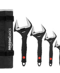 Wide Jaw Adjustable Wrench Set With Soft Grip Handles Includes 6, 8, 10, 12 Inch Sizes displayed next to a black carrying case.