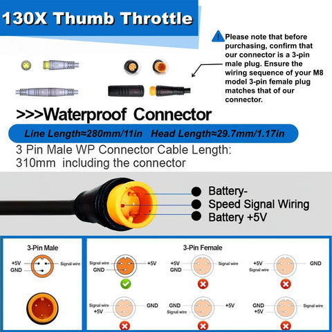 Upgraded Ebike Thumb Throttle 130X Waterproof 3 Pin Connector For 12V To 72V Controllers Universal Fit Easy Install Left Or Right On 22.2 Millimeter Handlebars Speed Control Accelerator For Electric Bike And Scooter Conversions