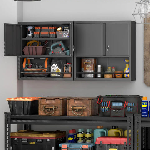 Beefy Metal Wall Cabinet With Doors And Shelves Locking Garage Storage Cabinet For Workshop Warehouse And Home Office Heavy Duty Steel Wall Mounted Black with tools and supplies inside