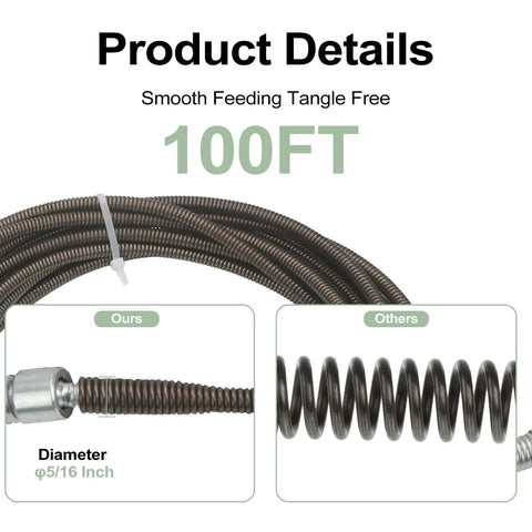 62235 Drain Cleaning Cable Sewer Snake Auger 5/16 Inch By 25 Foot Hollow Core Drop Head shown with 100FT length and smooth design.