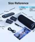 Wireless Portable Speaker With 25W Bangin Bass And Bassboom Technology IPX7 Waterproof Bluetooth Speaker, accessories, and size reference.