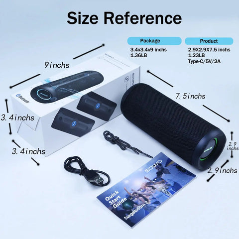 Wireless Portable Speaker With 25W Bangin Bass And Bassboom Technology IPX7 Waterproof Bluetooth Speaker, accessories, and size reference.