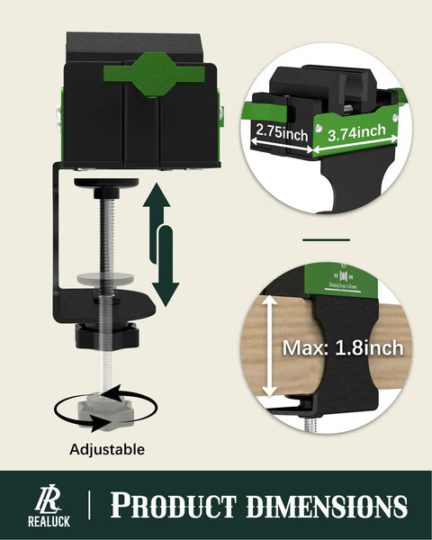 Golf Club Vise Clamp Station No Drill Regripping Kit dimensions and adjustable sizing details