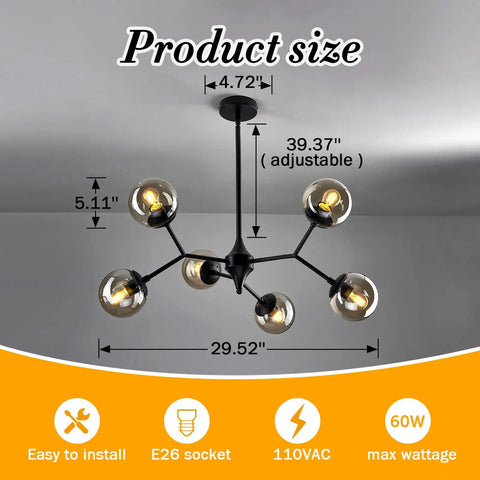 6 Light Rustic Vintage Chandelier With Glass Globes Black Mid Century Pendant Lighting dimensions 29.52" x 39.37" x 5.11"