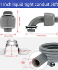 Pro Grade 50 Ft Non-Metallic Liquid Tight Conduit Kit showing 1 inch NPT fittings, flexible conduit, and measurement details