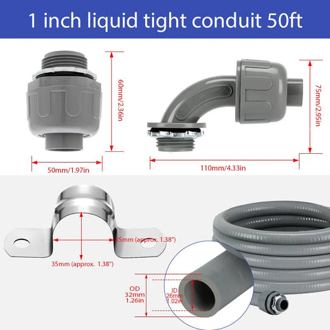 Pro Grade 50 Ft Non-Metallic Liquid Tight Conduit Kit showing 1 inch NPT fittings, flexible conduit, and measurement details