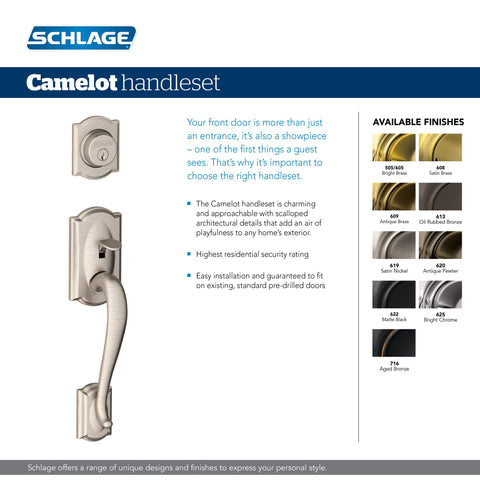 Camelot Front Entry Handleset With Georgian Knob Satin Nickel Finish One Side Keyed Deadbolt Heavy Duty Security For Exterior Doors Anti Pick Pins Hardened Steel Premium Home Front Door Hardware image showing the handleset design and available finishes.