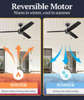 52 Inch Indoor Outdoor Ceiling Fan Without Light With Pull Chain Dual Mount For Big Spaces Matte Black Finish With Ebony And Gray Teak Look Blades Reversible For Year Round Comfort shown in winter and summer modes.