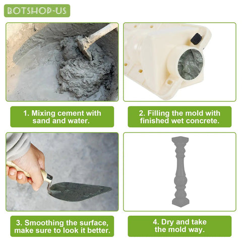 Diagram showing steps to use 27.6 Inch Concrete Roman Column Molds Set 2 Piece Balustrade Molds for casting cement and plaster.