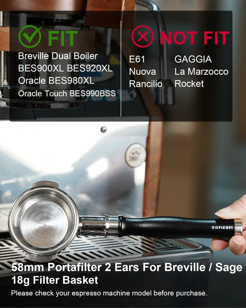 Kickstart Your Brew Routine With Top Shelf 58mm Bottomless Portafilter featuring 2 ears and aluminum handle for Breville espresso.