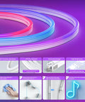 Neon Rope Lights 10ft RGBIC LED Strip With Music Sync, flexible waterproof RGB strips, installation guide, vivid purple background.