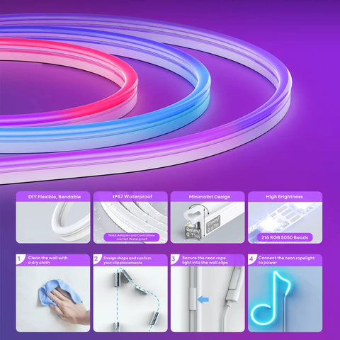 Neon Rope Lights 10ft RGBIC LED Strip With Music Sync, flexible waterproof RGB strips, installation guide, vivid purple background.
