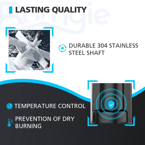 Automatic Submersible Water Pump 1/3 HP 2250 GPH showing 304 stainless steel shaft and temperature control feature