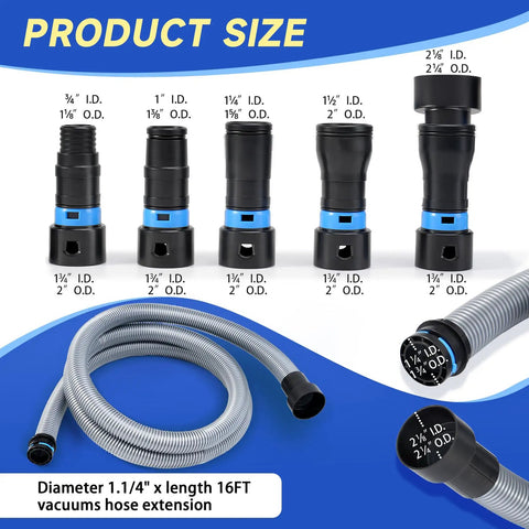 16 Ft Dust Collection Hose Kit For Home And Workshop Vacuum Systems With 1 1/4 Inch Hose 360 Degree Quick Connect Adapters