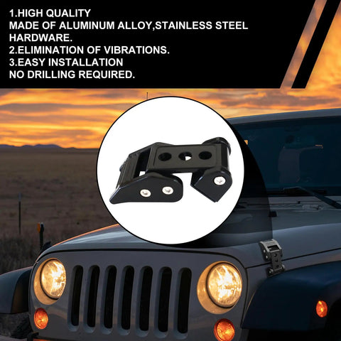 Beefed Up Aluminum Hood Lock Latch Kit for Jeep Wrangler JK JKU JL JLU Gladiator JT Vehicles, black, on Jeep hood.