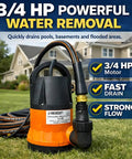 Heavy Duty Submersible Water Pump Kit With 25 Foot Garden Hose and Power Cord Three Quarter HP Utility Pump shown outdoors.