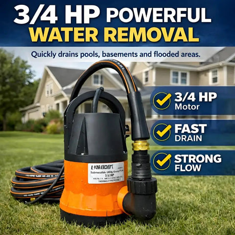 Heavy Duty Submersible Water Pump Kit With 25 Foot Garden Hose and Power Cord Three Quarter HP Utility Pump shown outdoors.