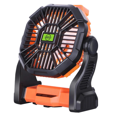 Portable USB Camping Fan With 20000mAh Battery Cordless Rechargeable Personal Fan With LED Light And Hanging Hook, black and orange design