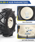 Tubeless 11x4.00-4 tiller tire and wheel with 3/4 inch axle and 3-1/8 inch centered hub for Super Lug tractor and trencher tillers